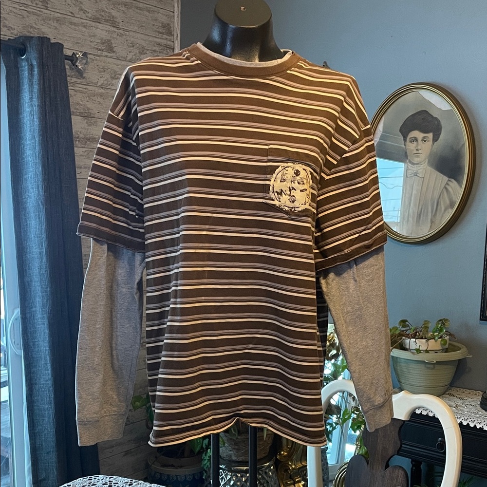 Maui and Sons Brown and Gray Striped Long Sleeve Tee vintage